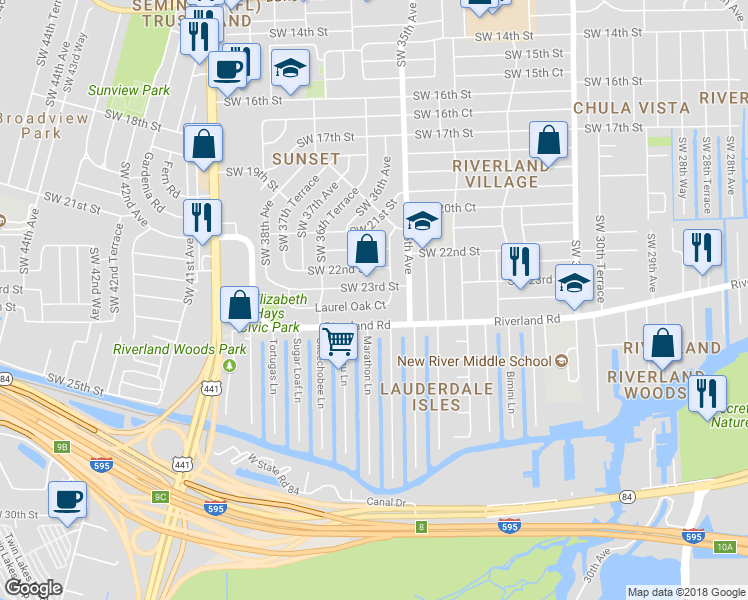 map of restaurants, bars, coffee shops, grocery stores, and more near 3609 Southwest 23rd Court in Fort Lauderdale