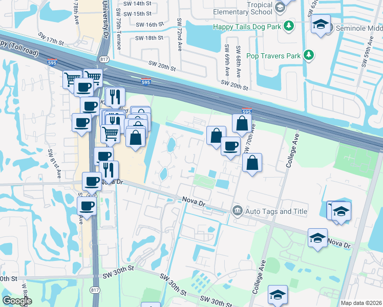 map of restaurants, bars, coffee shops, grocery stores, and more near 2116 Southwest 71st Way in Davie