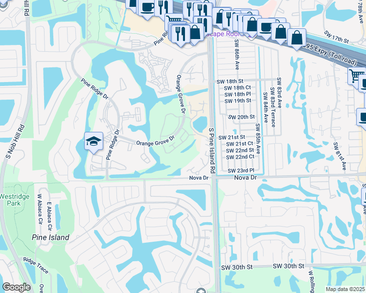 map of restaurants, bars, coffee shops, grocery stores, and more near 2070 Southwest 90th Avenue in Davie