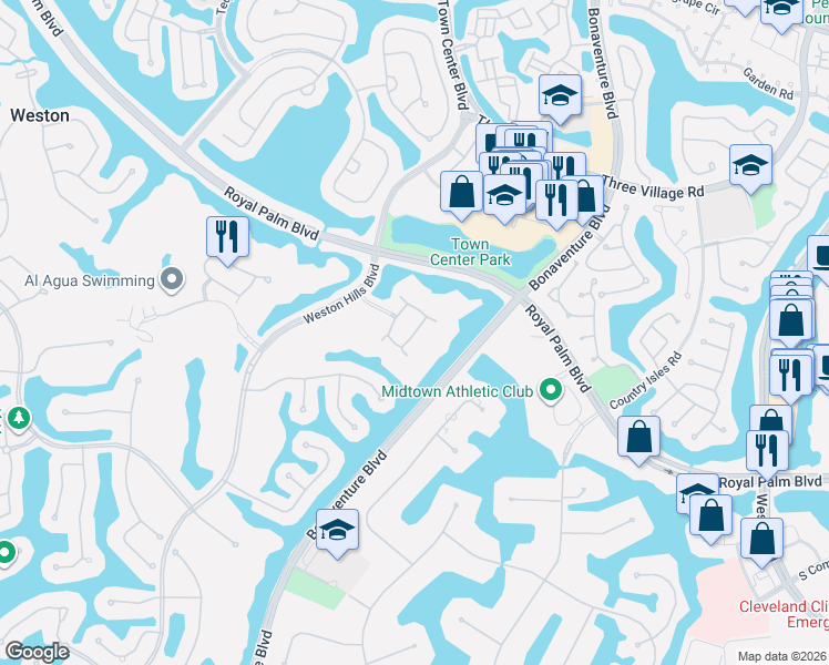 map of restaurants, bars, coffee shops, grocery stores, and more near 2809 Kinsington Circle in Weston