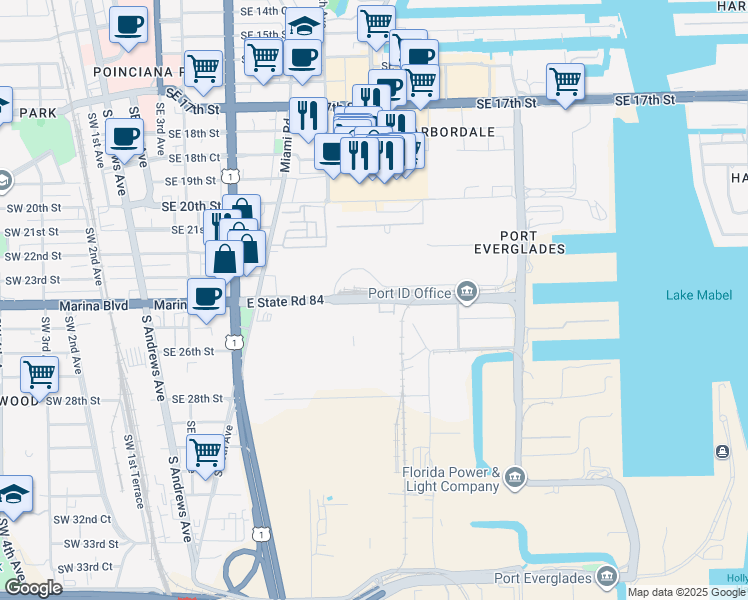 map of restaurants, bars, coffee shops, grocery stores, and more near 1100 Southeast 24th Street in Fort Lauderdale