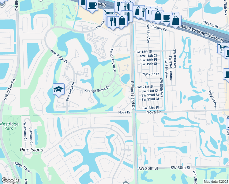 map of restaurants, bars, coffee shops, grocery stores, and more near 2070 Southwest 90th Avenue in Davie