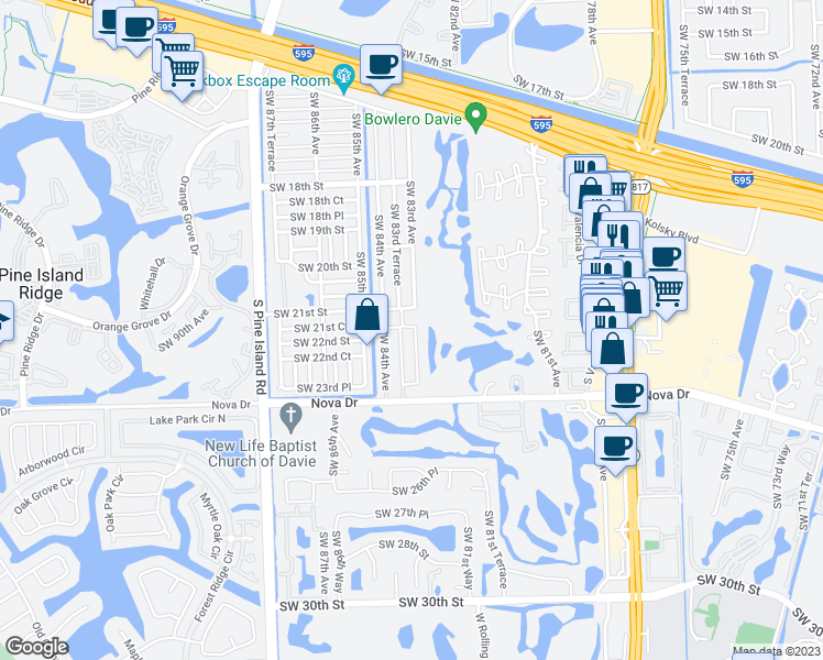 map of restaurants, bars, coffee shops, grocery stores, and more near 2165 Southwest 83rd Avenue in Davie