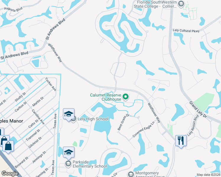 map of restaurants, bars, coffee shops, grocery stores, and more near Wildflower Way in Collier County