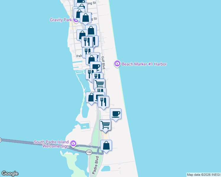map of restaurants, bars, coffee shops, grocery stores, and more near 1000 Padre Boulevard in South Padre Island
