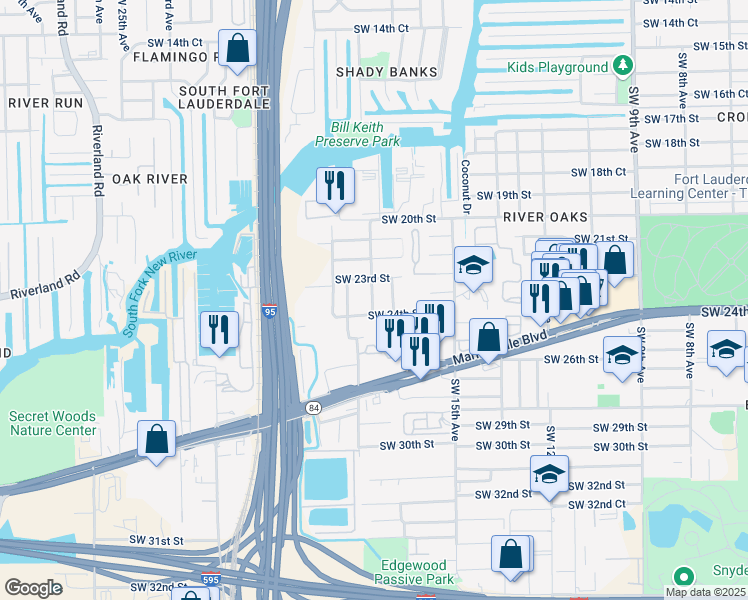 map of restaurants, bars, coffee shops, grocery stores, and more near 2399 Southwest 18th Avenue in Fort Lauderdale
