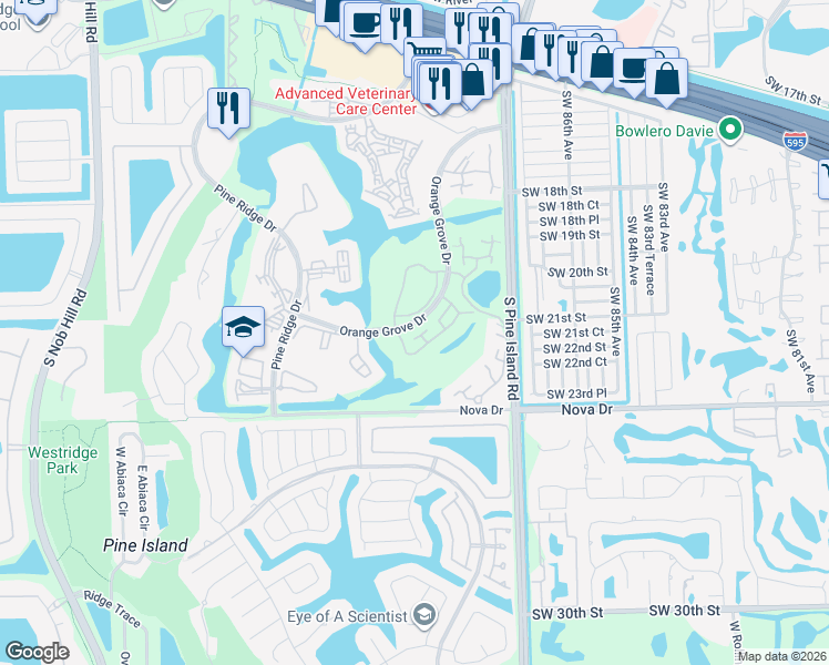 map of restaurants, bars, coffee shops, grocery stores, and more near 9110 Southwest 22nd Court in Davie