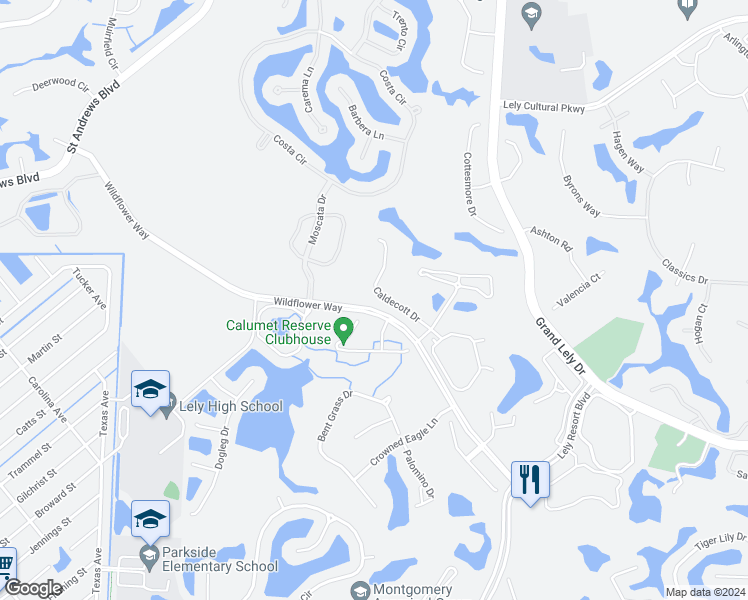 map of restaurants, bars, coffee shops, grocery stores, and more near 6521 Caldecott Drive in Naples