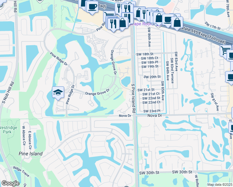 map of restaurants, bars, coffee shops, grocery stores, and more near 2070 Southwest 90th Avenue in Davie
