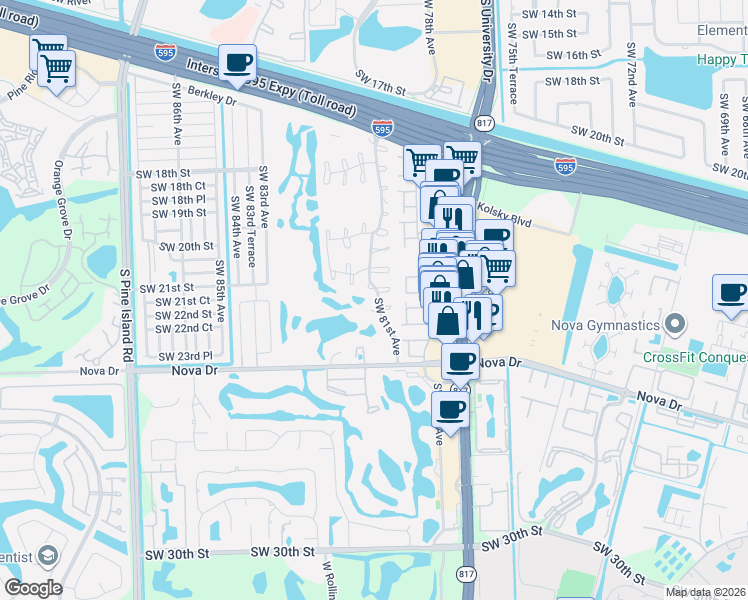 map of restaurants, bars, coffee shops, grocery stores, and more near 8052 Southwest 22nd Court in Davie