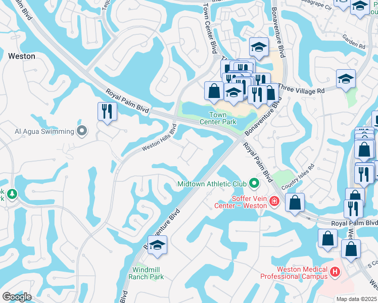 map of restaurants, bars, coffee shops, grocery stores, and more near 2809 Kinsington Circle in Weston