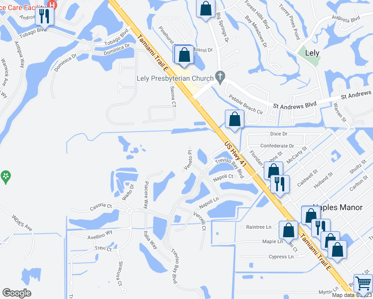 map of restaurants, bars, coffee shops, grocery stores, and more near 9205 Veneto Place in Naples