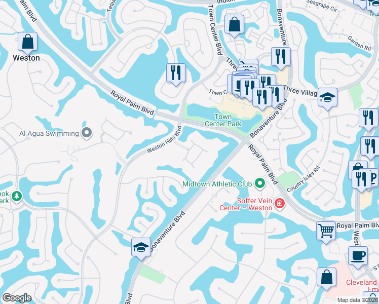 map of restaurants, bars, coffee shops, grocery stores, and more near 2875 Kinsington Circle in Weston