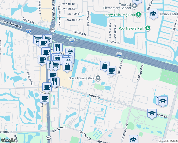 map of restaurants, bars, coffee shops, grocery stores, and more near 2178 Nova Village Drive in Davie