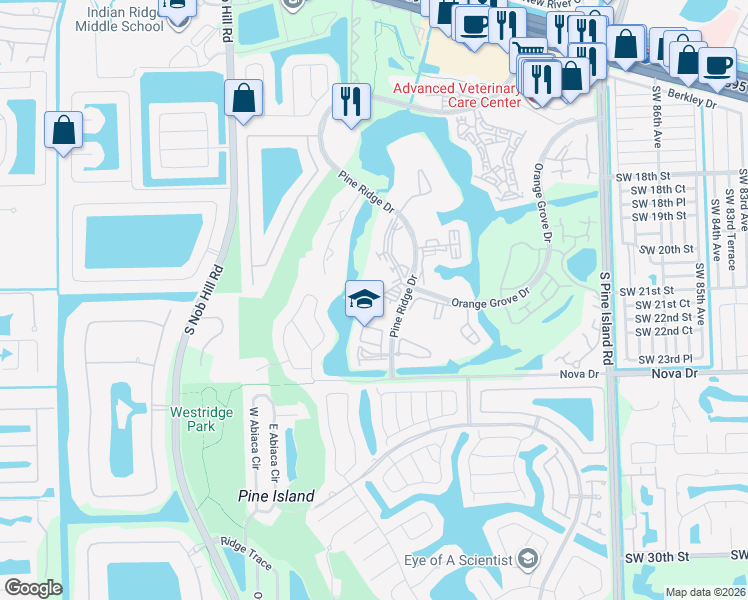 map of restaurants, bars, coffee shops, grocery stores, and more near 9525 Toledo Lane in Davie