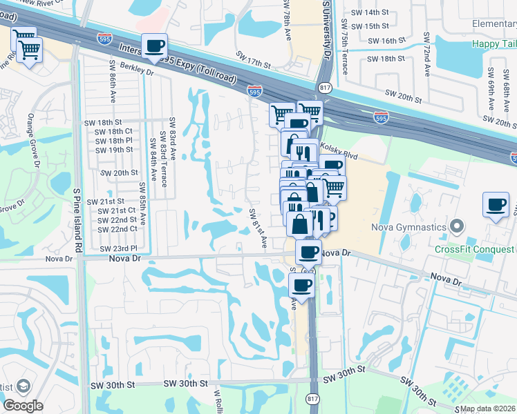 map of restaurants, bars, coffee shops, grocery stores, and more near 8052 Southwest 22nd Court in Davie