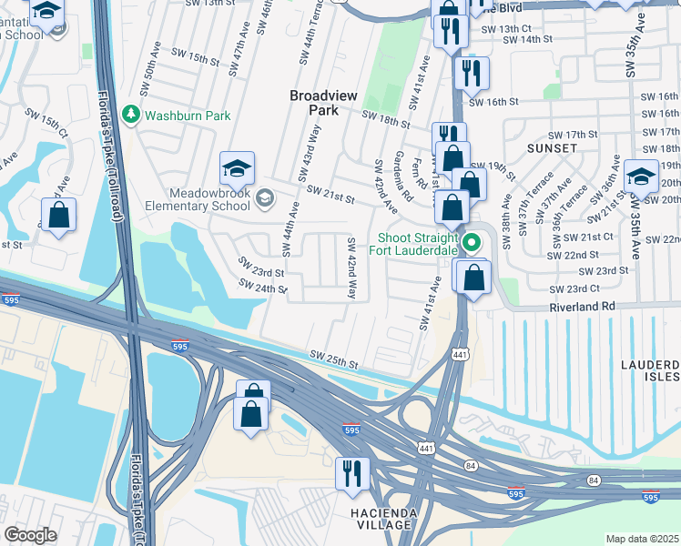 map of restaurants, bars, coffee shops, grocery stores, and more near 2341 Southwest 42nd Way in Fort Lauderdale