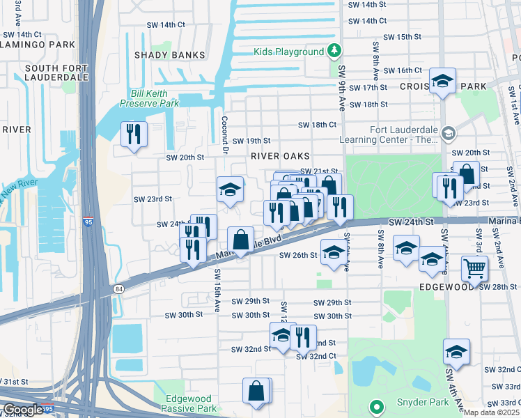map of restaurants, bars, coffee shops, grocery stores, and more near 1317 Southwest 23rd Street in Fort Lauderdale