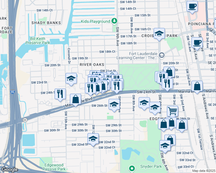 map of restaurants, bars, coffee shops, grocery stores, and more near 921 Southwest 22nd Street in Fort Lauderdale