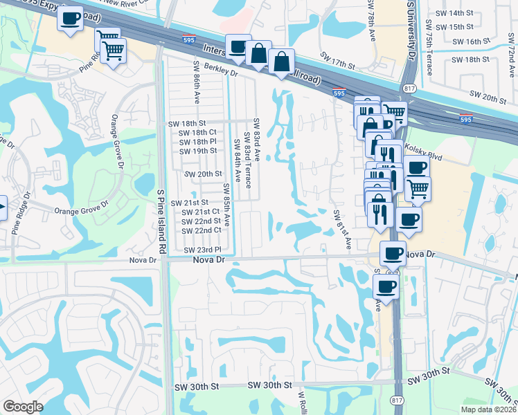 map of restaurants, bars, coffee shops, grocery stores, and more near 2070 Southwest 83rd Avenue in Davie