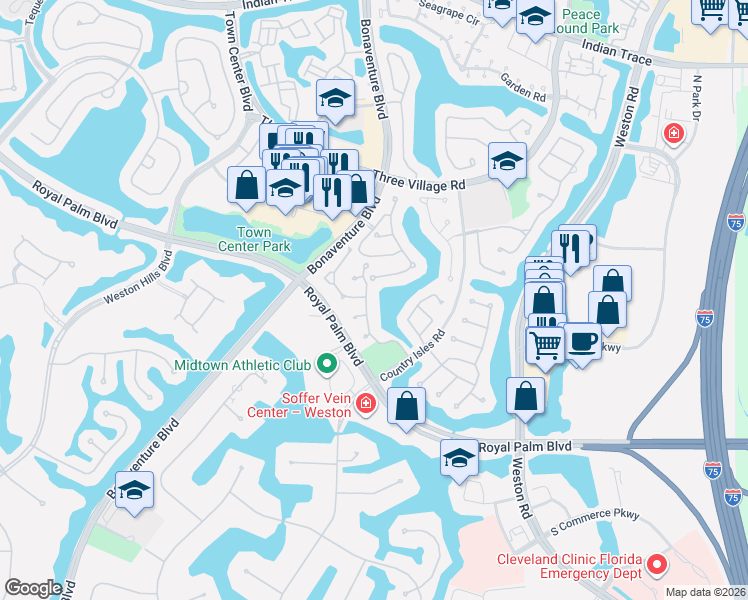 map of restaurants, bars, coffee shops, grocery stores, and more near 1992 Water Ridge Drive in Weston