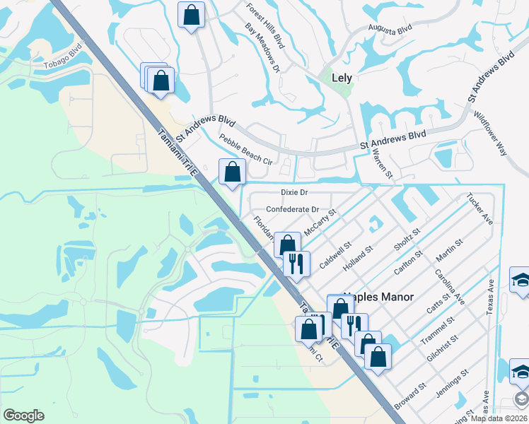 map of restaurants, bars, coffee shops, grocery stores, and more near 5210 Dixie Drive in Naples