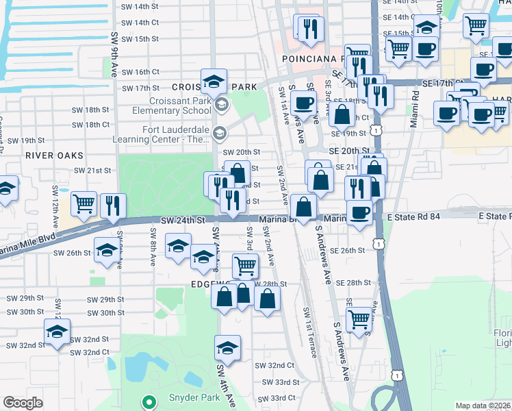 map of restaurants, bars, coffee shops, grocery stores, and more near 2209 Southwest 3rd Avenue in Fort Lauderdale