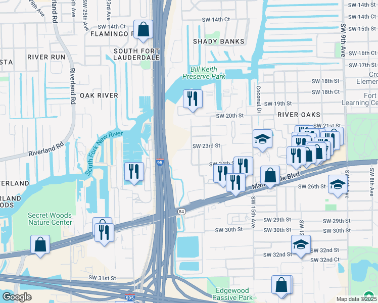 map of restaurants, bars, coffee shops, grocery stores, and more near 1839 Southwest 23rd Street in Fort Lauderdale