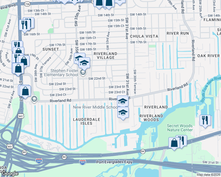 map of restaurants, bars, coffee shops, grocery stores, and more near 2255 Southwest 33rd Avenue in Fort Lauderdale