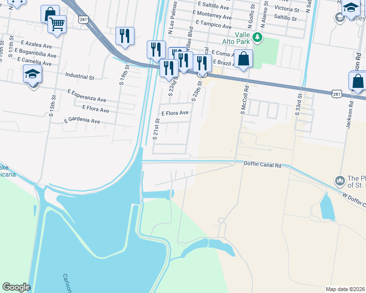 map of restaurants, bars, coffee shops, grocery stores, and more near 811 South 23rd Street in Hidalgo