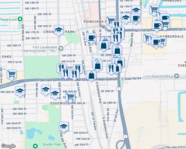map of restaurants, bars, coffee shops, grocery stores, and more near 2212 South Andrews Avenue in Fort Lauderdale