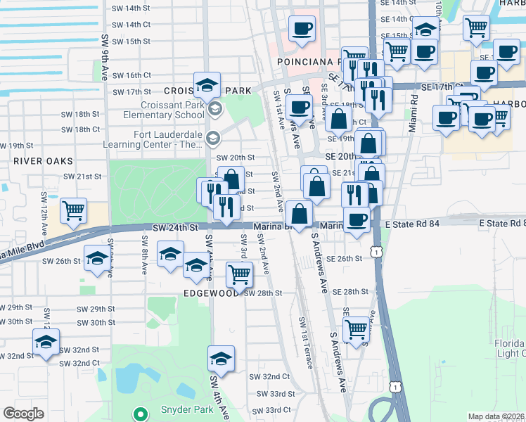 map of restaurants, bars, coffee shops, grocery stores, and more near 231 Southwest 23rd Street in Fort Lauderdale