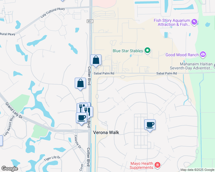 map of restaurants, bars, coffee shops, grocery stores, and more near 7457 Emilia Lane in Naples