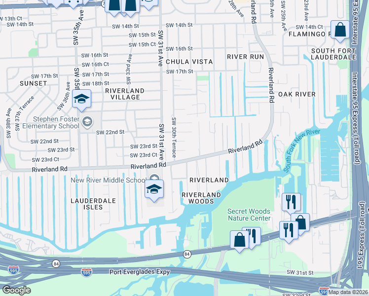 map of restaurants, bars, coffee shops, grocery stores, and more near 3021 Southwest 23rd Street in Fort Lauderdale