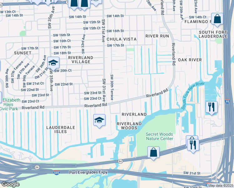 map of restaurants, bars, coffee shops, grocery stores, and more near 3030 Southwest 22nd Court in Fort Lauderdale