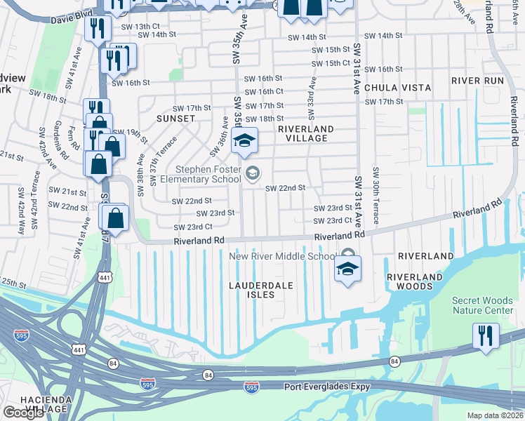 map of restaurants, bars, coffee shops, grocery stores, and more near 2249 Southwest 34th Terrace in Fort Lauderdale