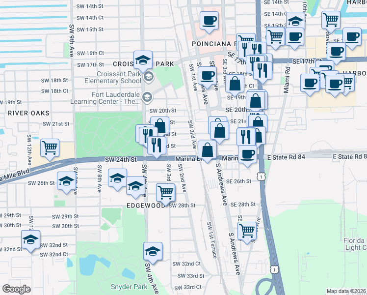 map of restaurants, bars, coffee shops, grocery stores, and more near 231 Southwest 23rd Street in Fort Lauderdale
