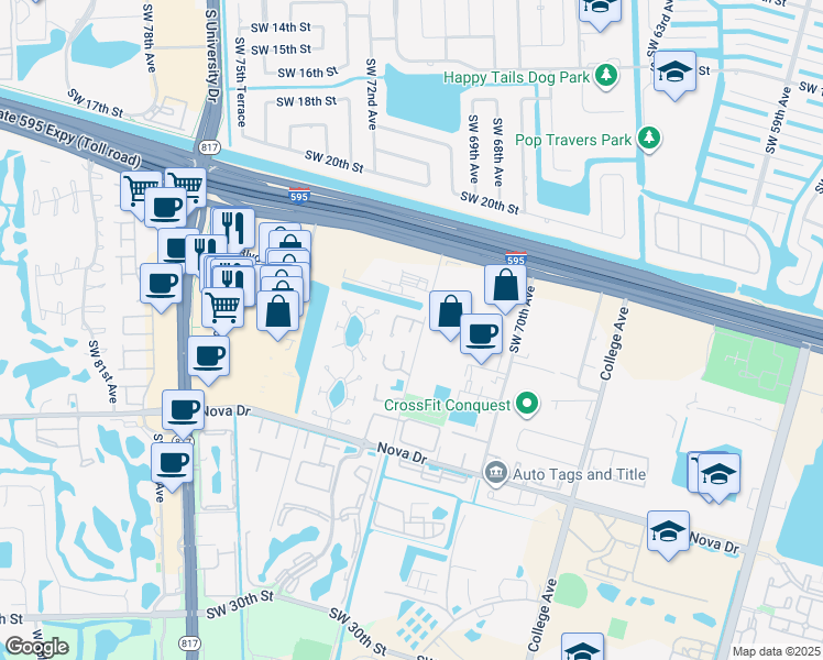 map of restaurants, bars, coffee shops, grocery stores, and more near 7181 Southwest 20th Place in Davie