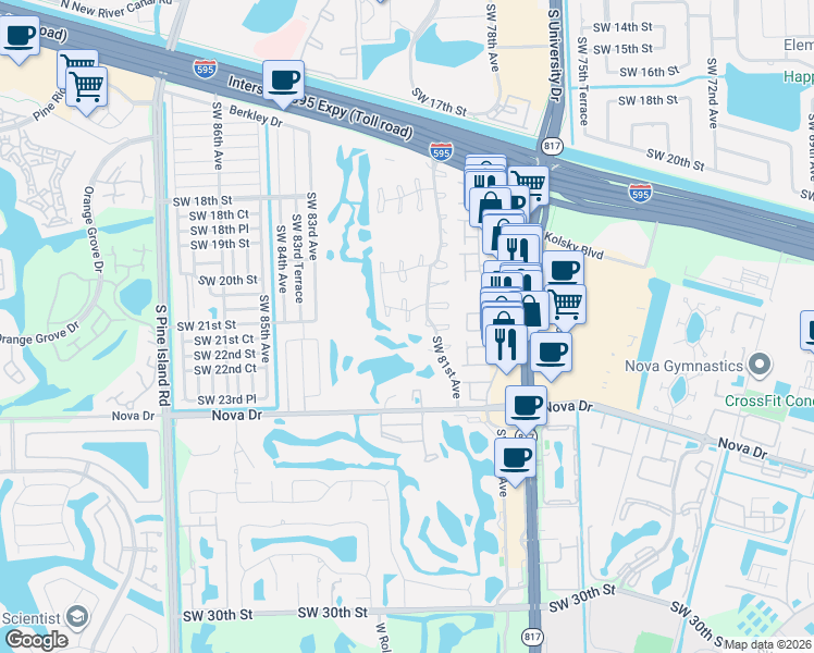 map of restaurants, bars, coffee shops, grocery stores, and more near 322 Southwest 81st Way in Davie