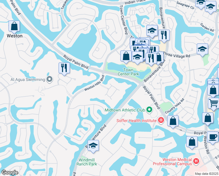 map of restaurants, bars, coffee shops, grocery stores, and more near 2701 Kinsington Circle in Weston