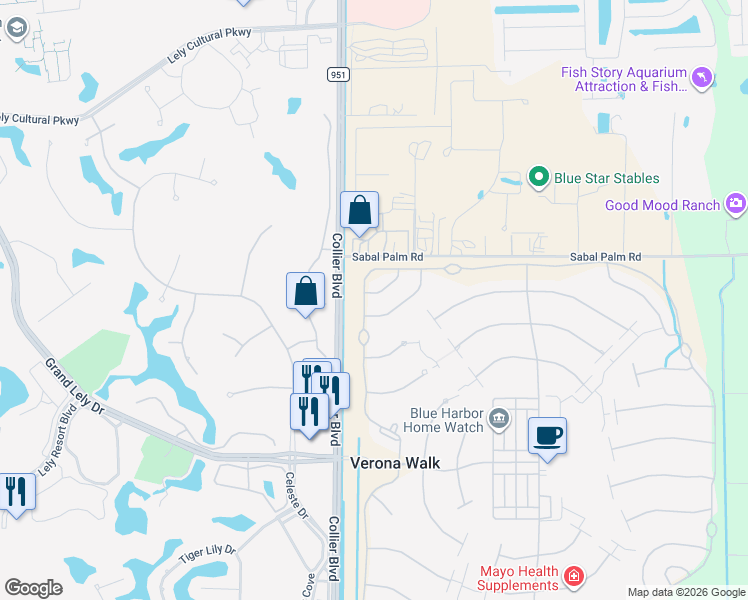 map of restaurants, bars, coffee shops, grocery stores, and more near 7488 Frienze Lane in Naples