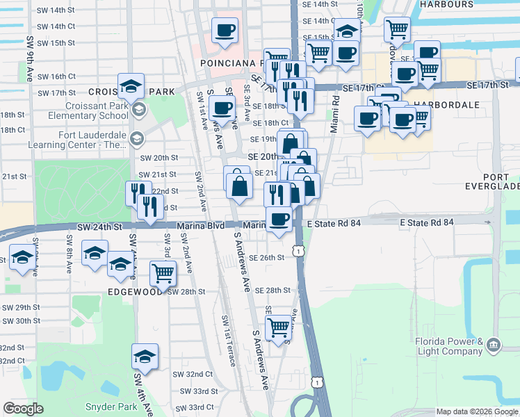map of restaurants, bars, coffee shops, grocery stores, and more near 2221 Southeast 4th Avenue in Fort Lauderdale