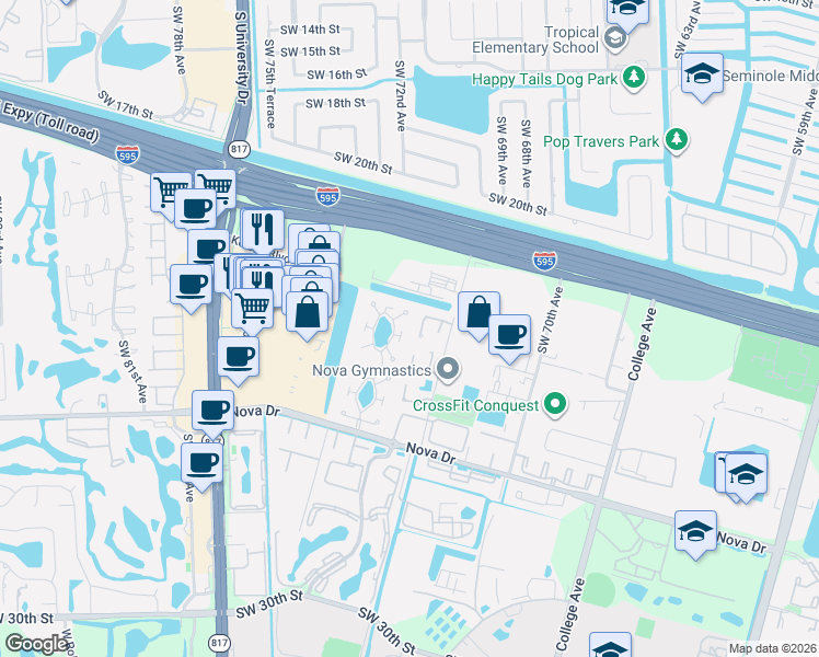 map of restaurants, bars, coffee shops, grocery stores, and more near 2116 Nova Village Drive in Davie