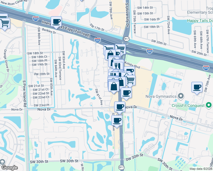 map of restaurants, bars, coffee shops, grocery stores, and more near 6 Matador Lane in Davie