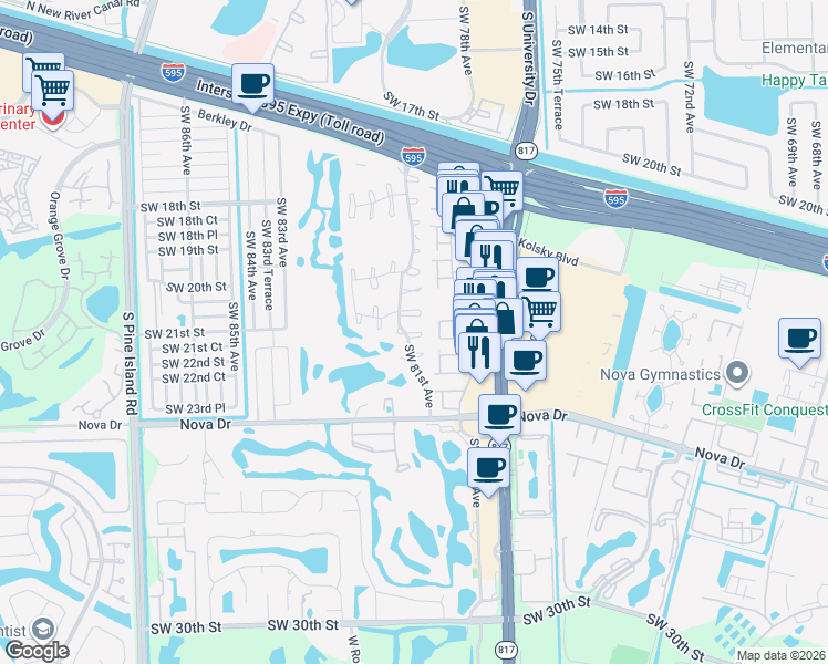 map of restaurants, bars, coffee shops, grocery stores, and more near 8046 Southwest 21st Court in Davie