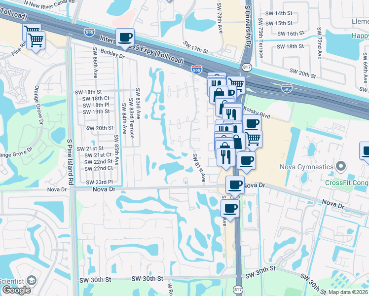 map of restaurants, bars, coffee shops, grocery stores, and more near 322 Southwest 81st Way in Davie