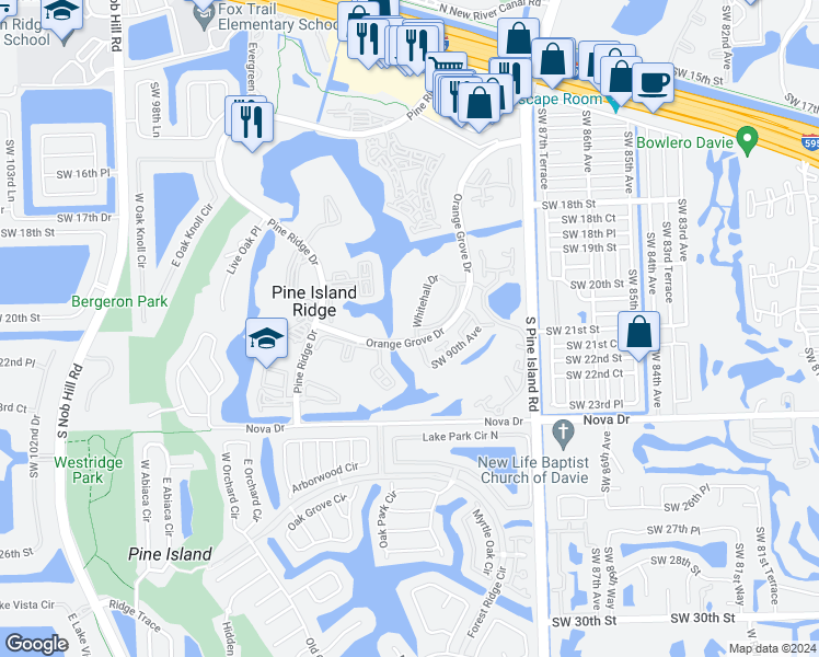 map of restaurants, bars, coffee shops, grocery stores, and more near 1713 Whitehall Drive in Davie