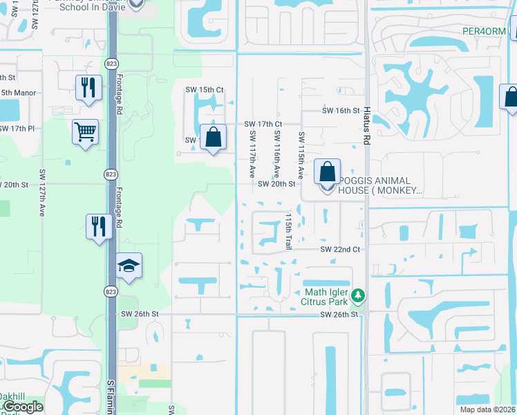 map of restaurants, bars, coffee shops, grocery stores, and more near 11655 Southwest 21st Court in Davie
