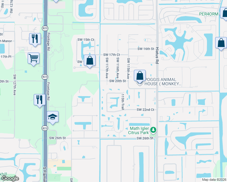 map of restaurants, bars, coffee shops, grocery stores, and more near 11655 Southwest 21st Court in Davie