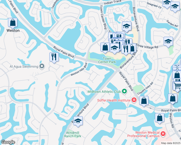 map of restaurants, bars, coffee shops, grocery stores, and more near 2701 Kinsington Circle in Weston